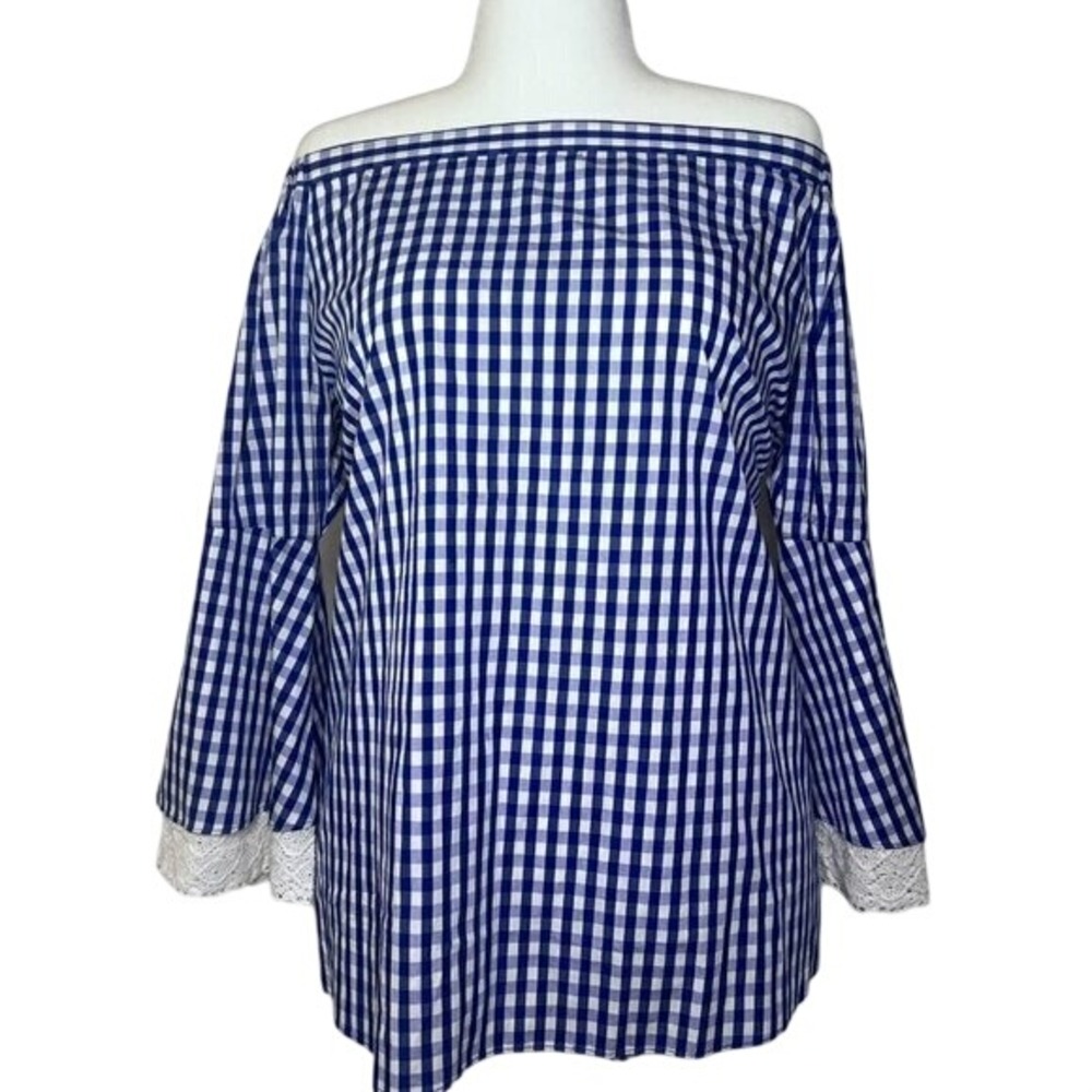 Mishca Women's Top Tunic Blouse XL Blue Gingham‎ Off Shoulder Cut Out Lace Bell